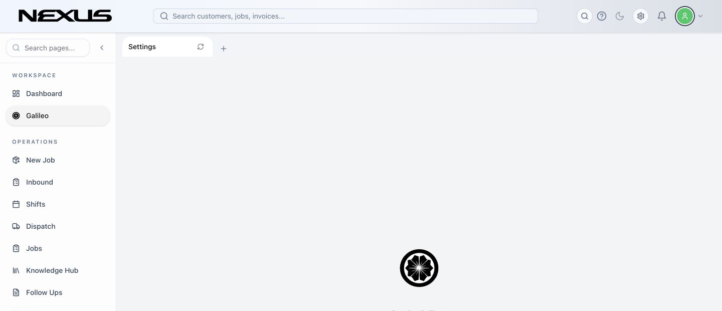 The Galileo workspace with Chat, Dashboard, Skills, Rules, Work, Permissions, Settings, and recent chats.
