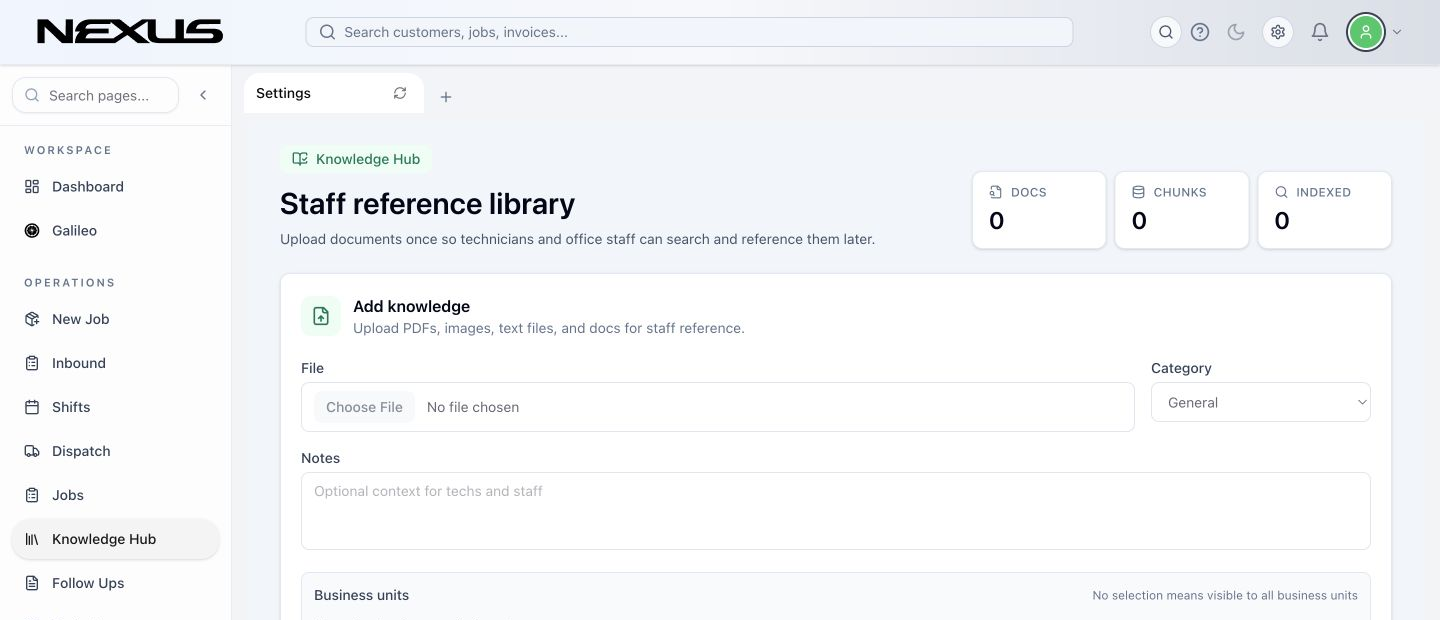 The Knowledge Hub staff reference library with document totals, Add knowledge, and the Library.