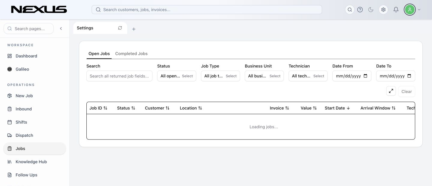 The Jobs workspace with Open Jobs selected, filters, and the results table.