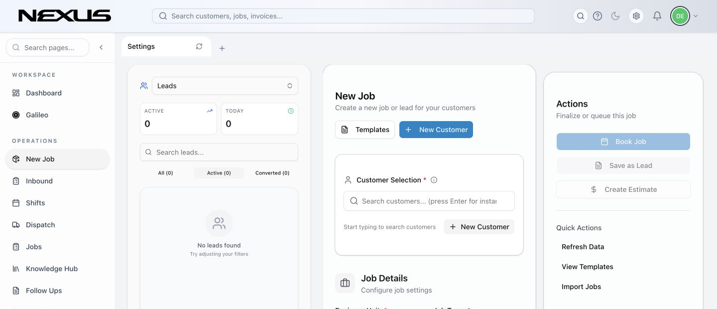 New Job workspace with the booking form and Actions sidebar.