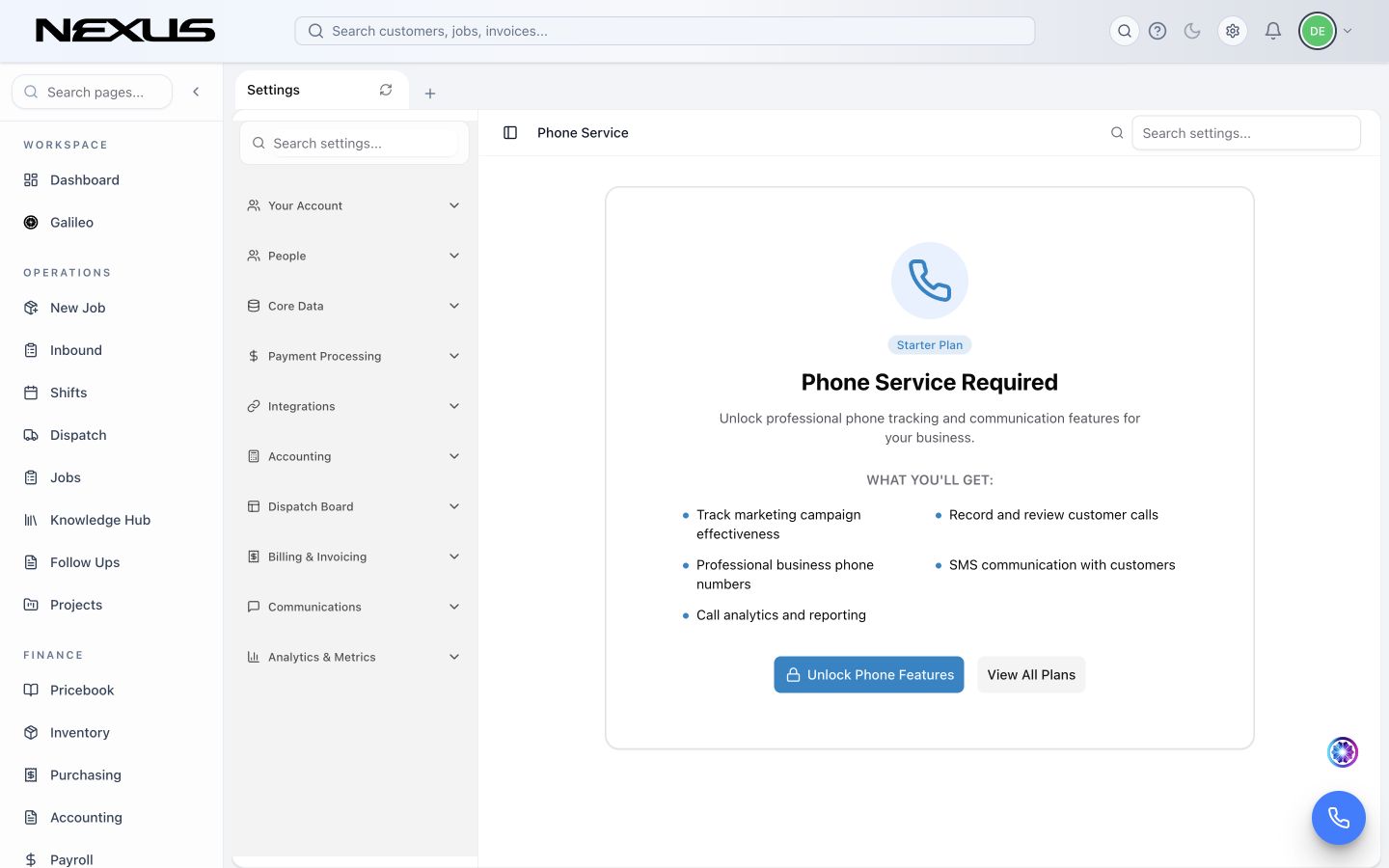The Phone Service Required page shown when Nexus Phone Service is not included in the current plan.