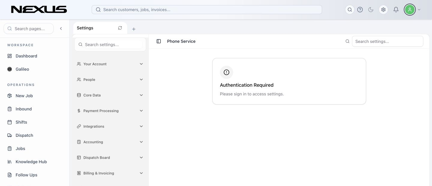 The Phone Service page with activation status and the Phone Numbers, A2P Registration, AI CSR, Call Center, and Direct Lines tabs.