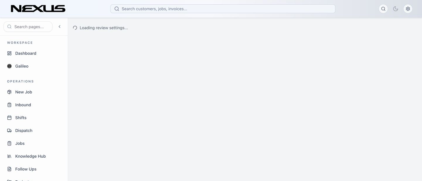 The Reviews workspace with source tabs, review list, ratings, response status, and Sync.