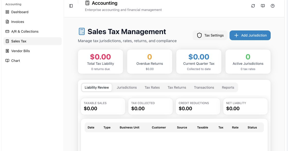 The Add Tax Rate window with jurisdiction, component, rate, dates, applicability, exemptions, and status.