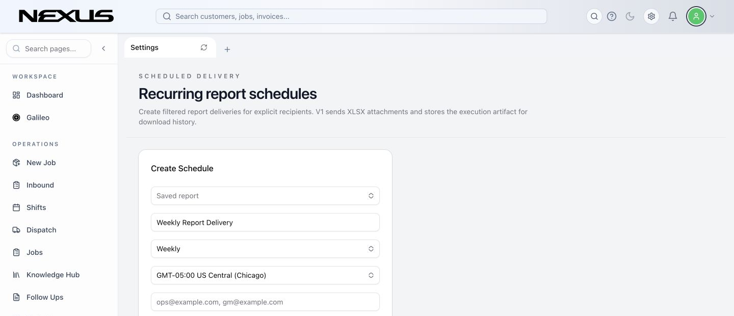 A saved report with Run, CSV, XLSX, Save Report, and Schedule actions.