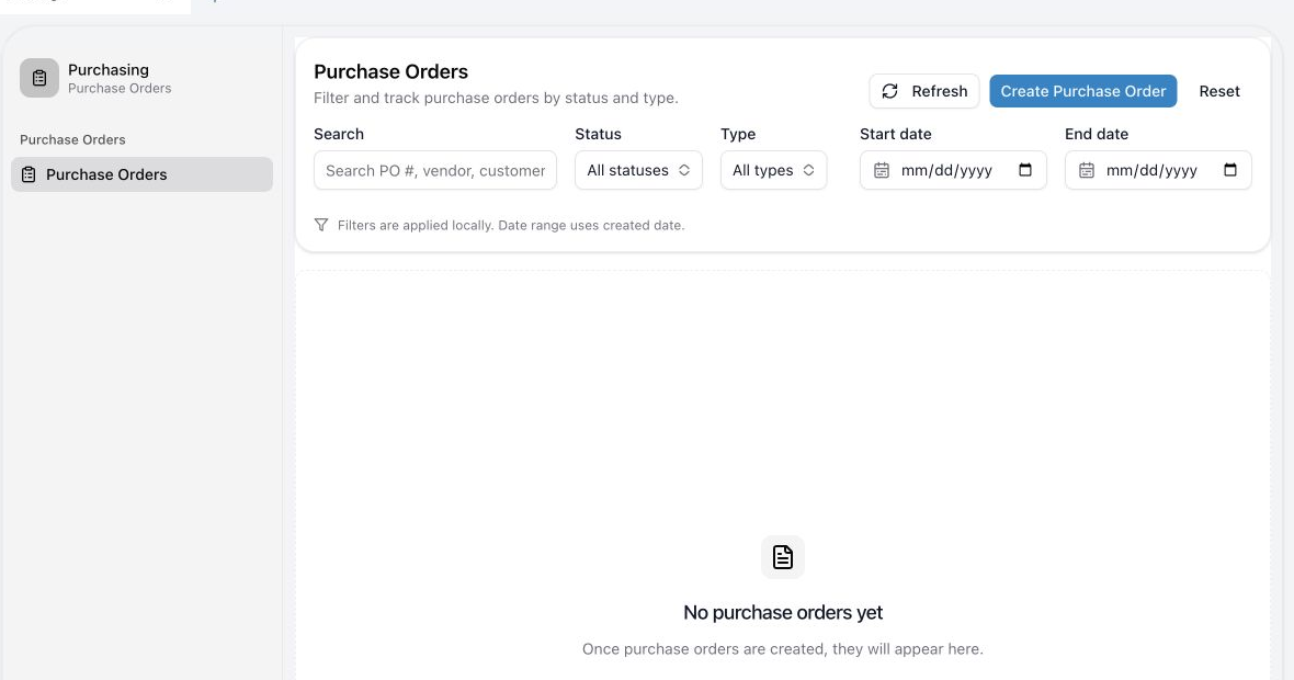 The Email Purchase Order window with recipient, custom email, subject, message, and send action.