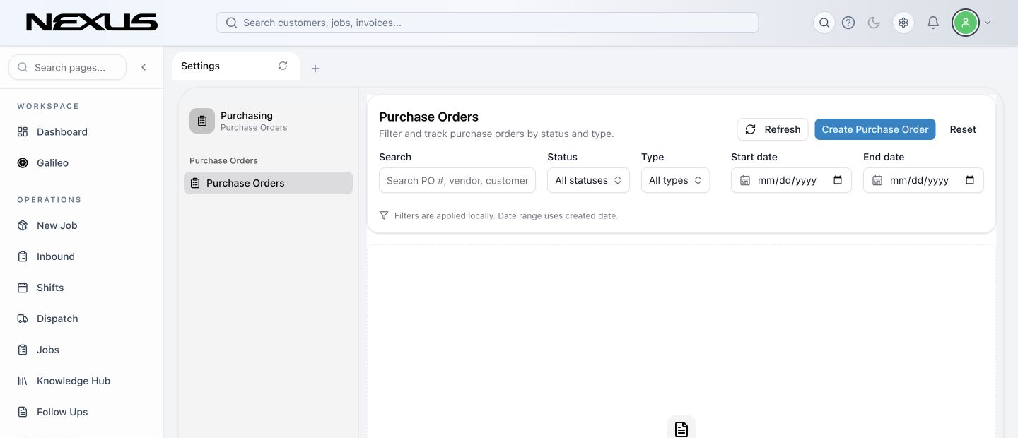 A purchase-order detail page with vendor, ship-to, related records, items, total, and actions.