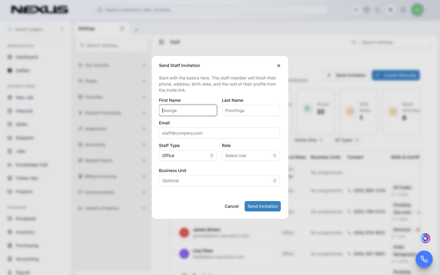 The Send Staff Invitation window with name, email, staff type, role, and optional business-unit fields.