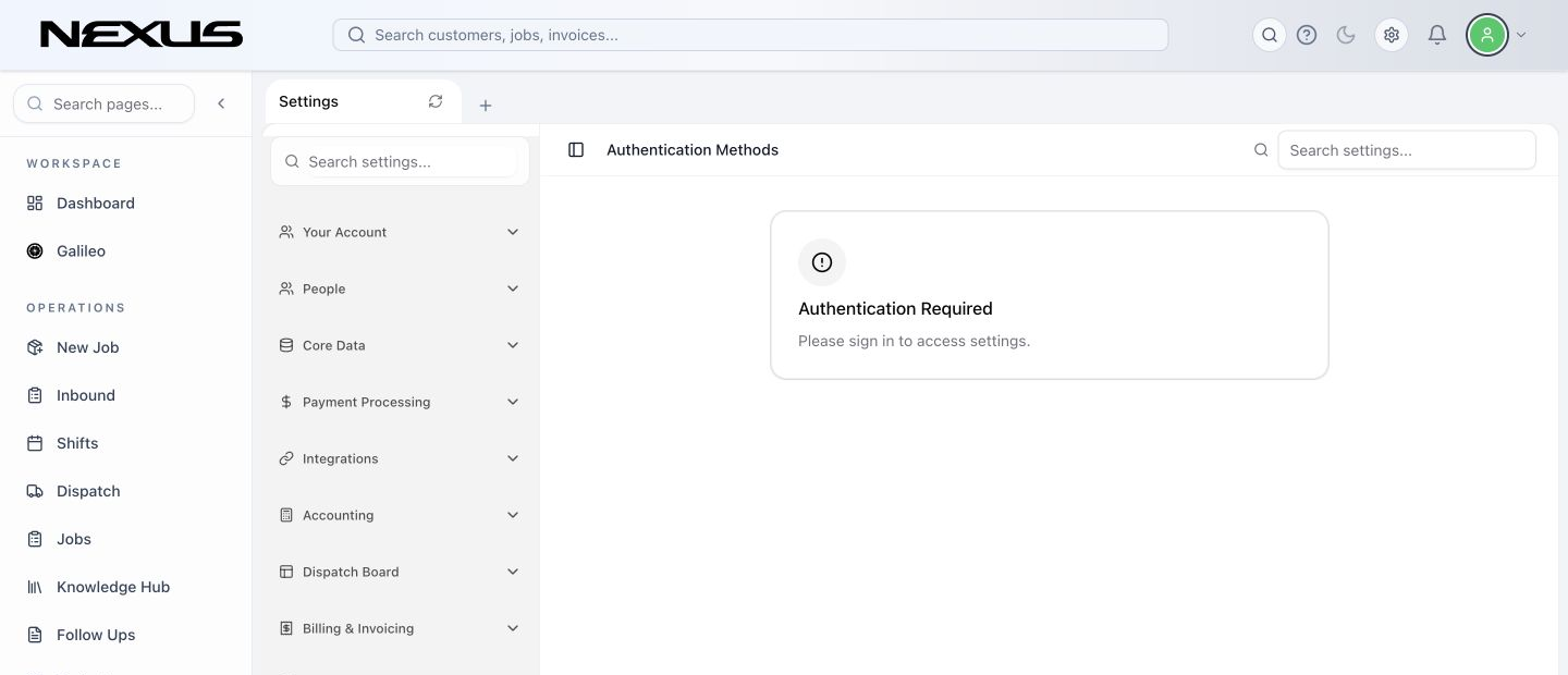 The Nexus Settings workspace with account, people, core data, communications, and other sections in the left rail.