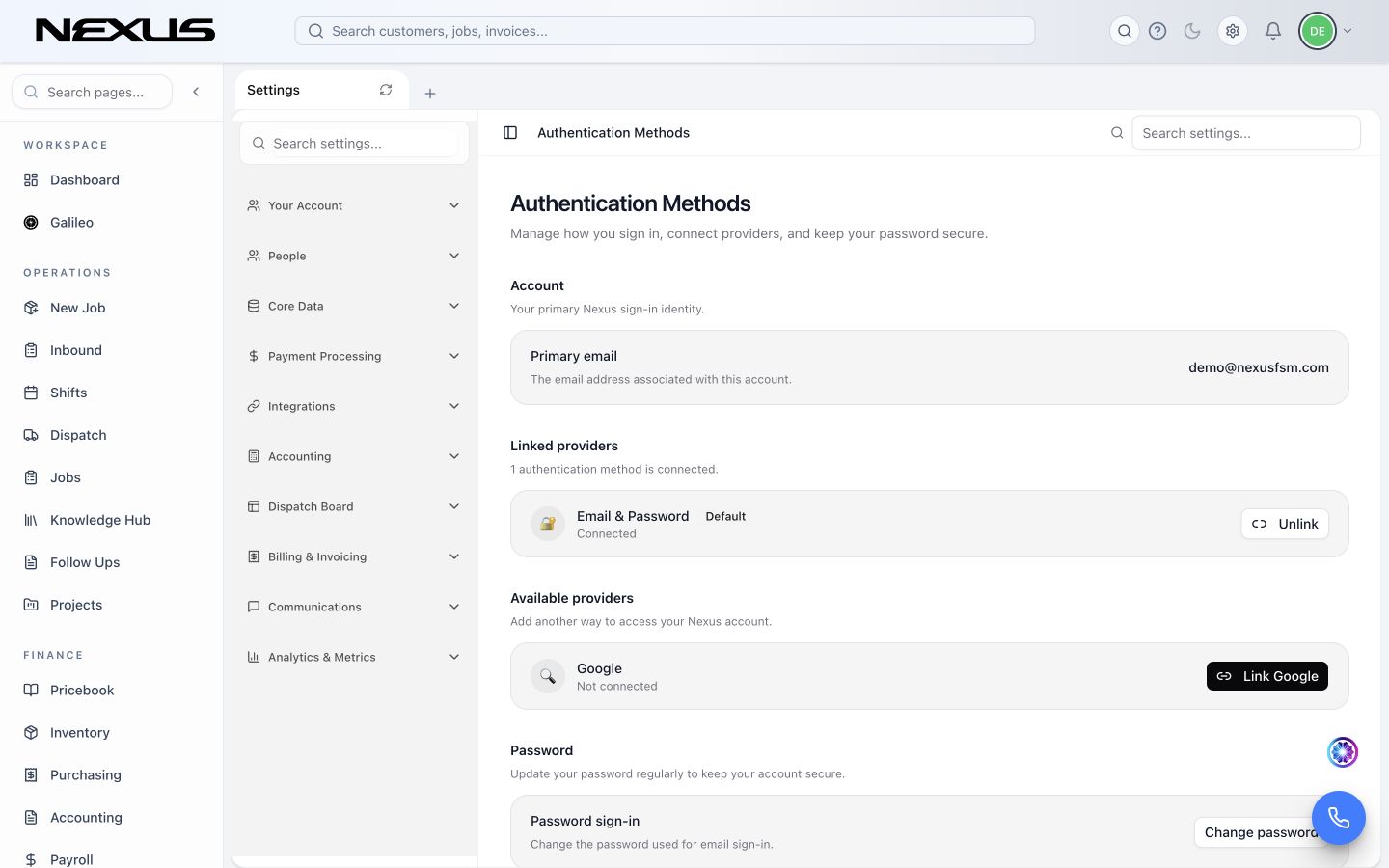 The Nexus Settings workspace with account, people, core data, communications, and other sections in the left rail.