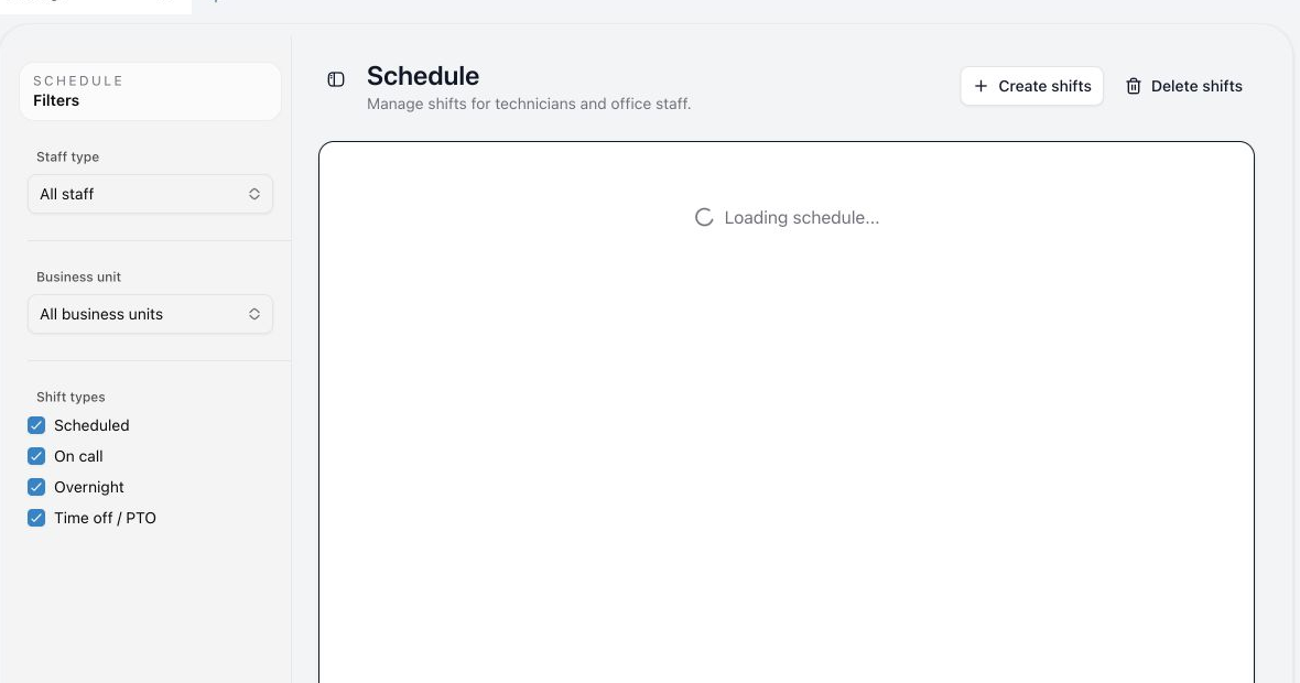 The Create shifts drawer with date, time, type, business unit, days, and staff selections.