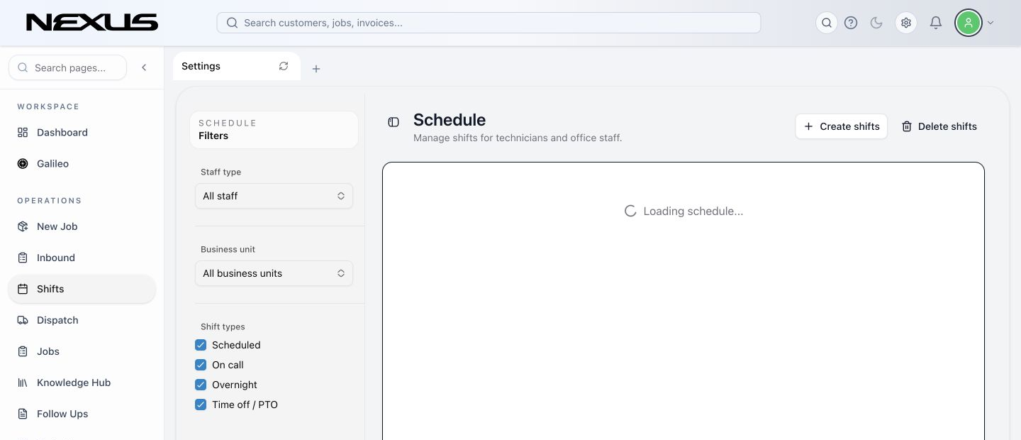 The Schedule page with staff, business-unit, and shift-type filters beside the calendar.