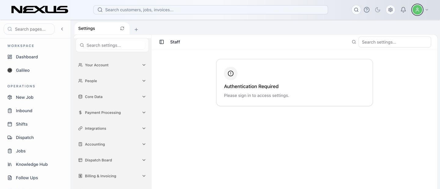 The Staff Management page with team totals, search and filters, and the staff list.