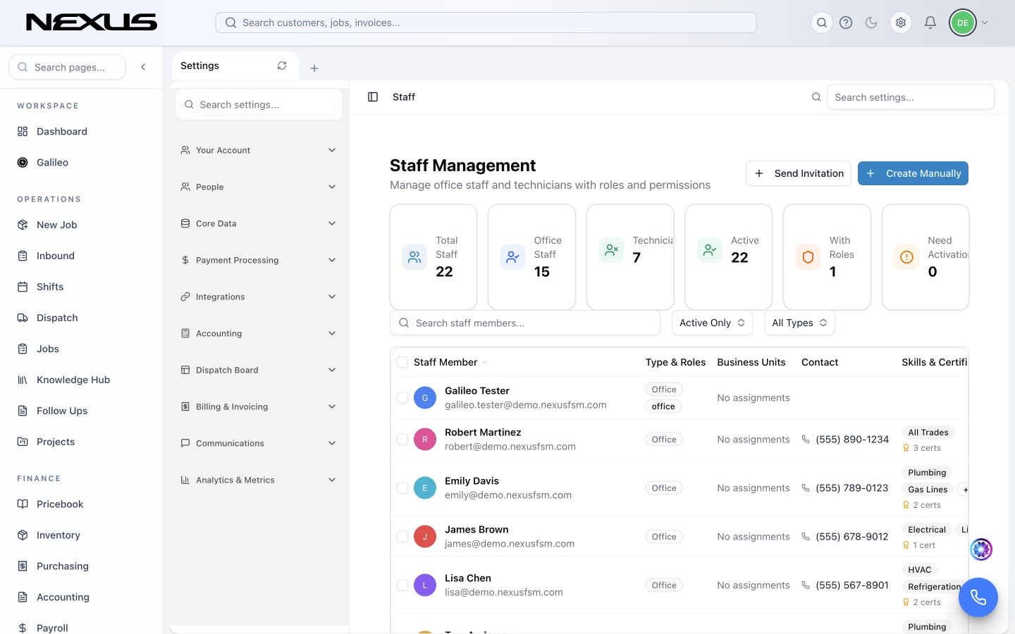 The Staff Management page with team totals, search and filters, and the staff list.
