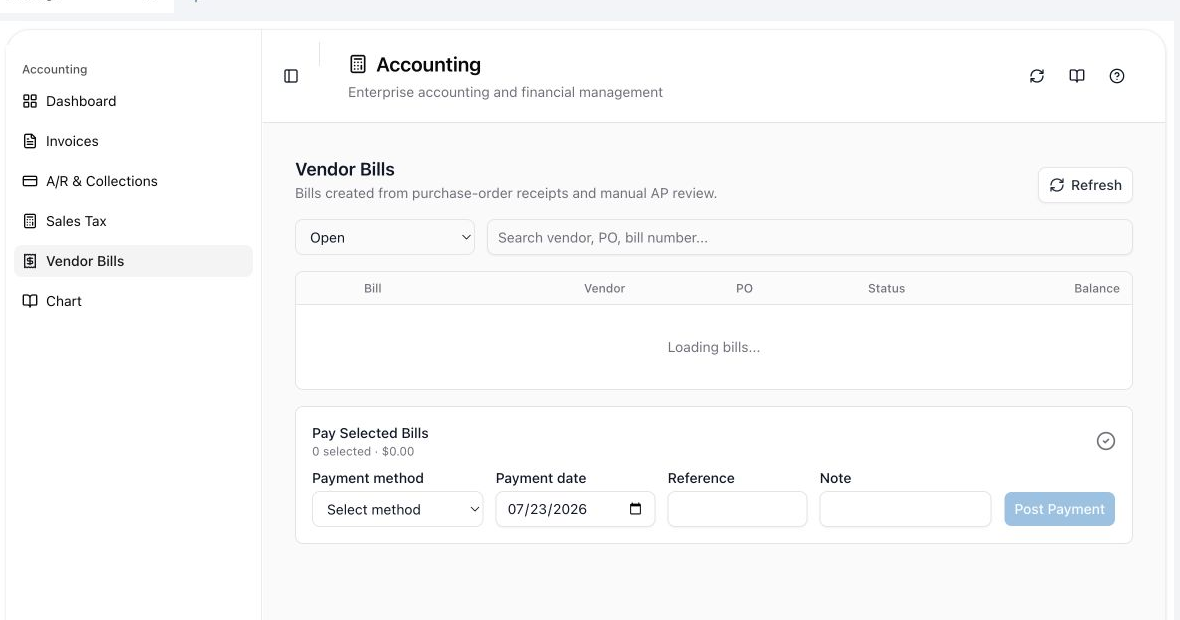 Pay Selected Bills with payment method, date, reference, note, selected count, and total.