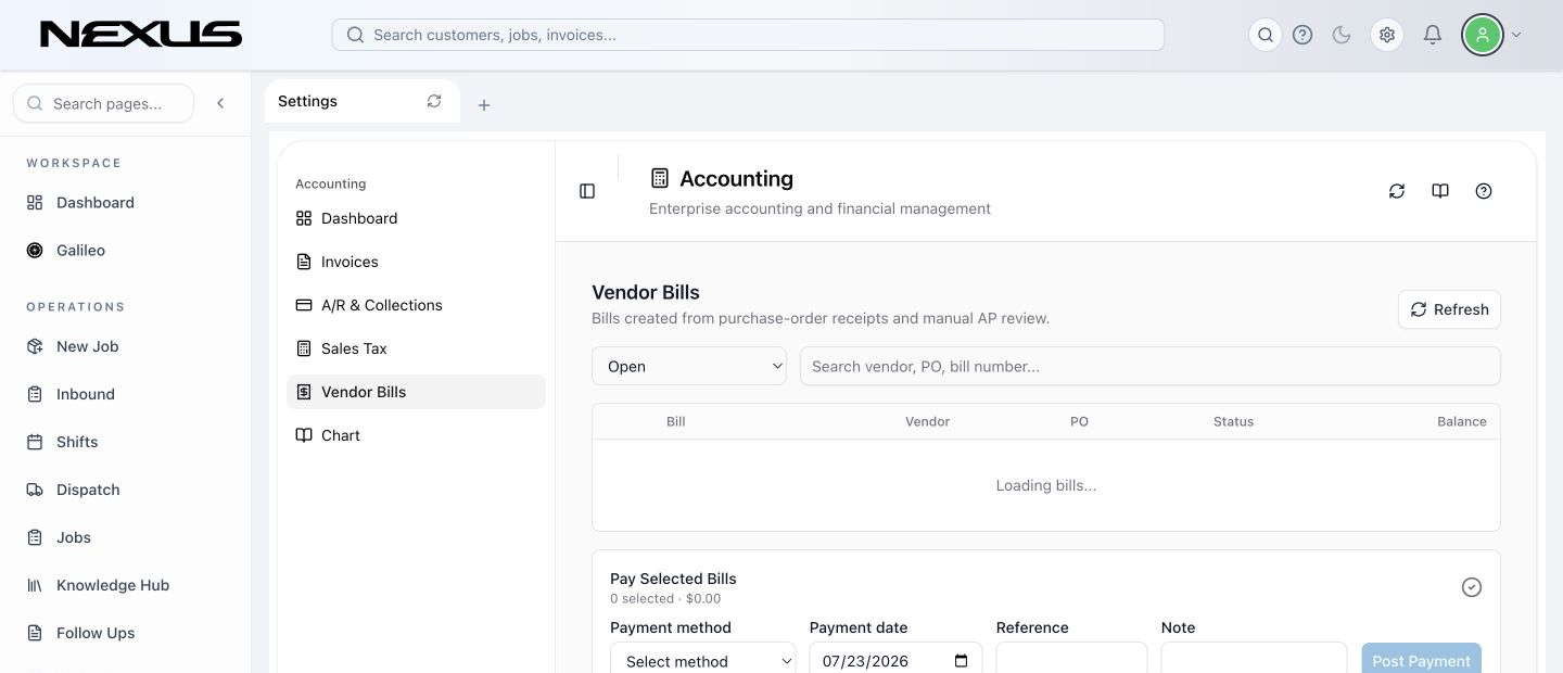 The Vendor Bills view with status, search, bill, vendor, PO, status, and balance.