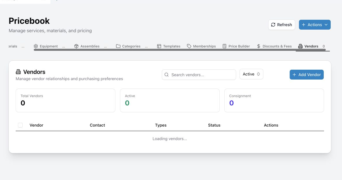 The vendor form showing supplier identity, contact, address, and purchasing details.