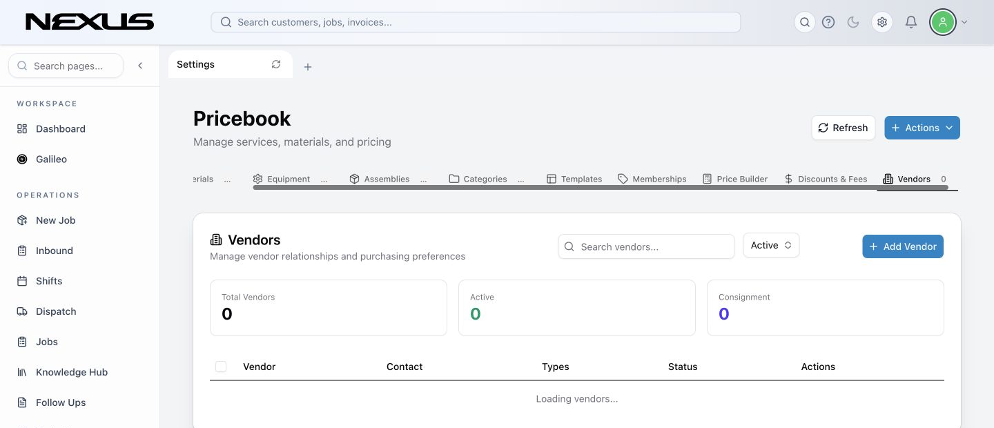 The Vendors tab with search, status filter, vendor list, and Add Vendor.